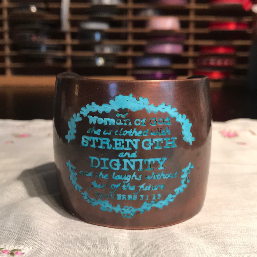 Beautiful copper color cuff with bible verse